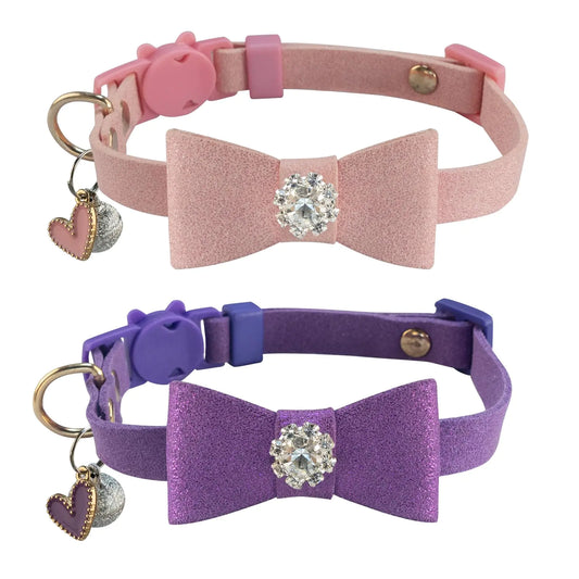 2 Pack Diamond Cat Collar Holiday Bowtie Cat Collar Breakaway Cat Bowtie Collar Bow Tie Cat Collar with Bells (Diamond-Pink Purple)